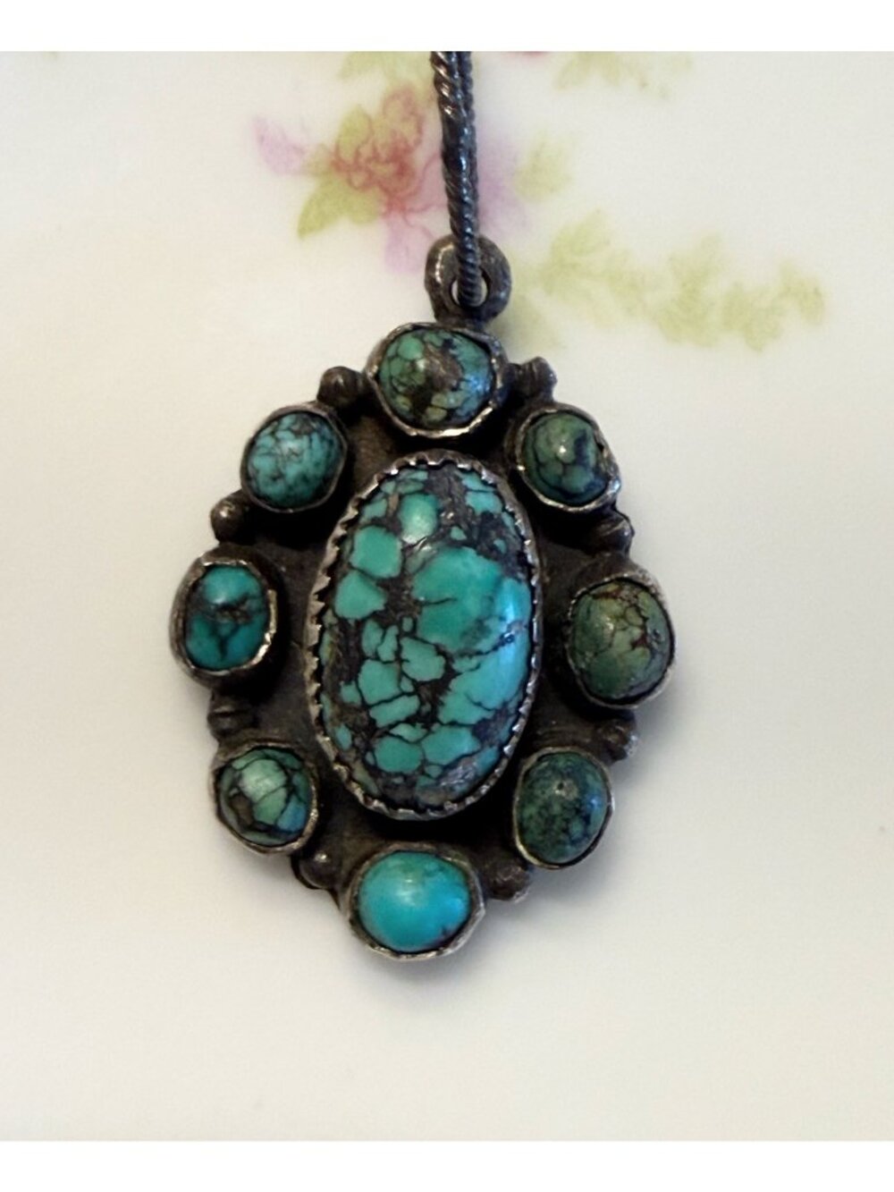 Antique 1930s Native American Pendant Spiderweb Cluster Turquoise Signed Z